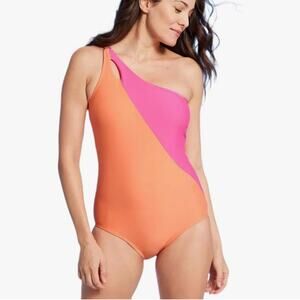 Lands' End Tummy Control One Shoulder One Piece Swimsuit Pink Orange MEDIUM NWT